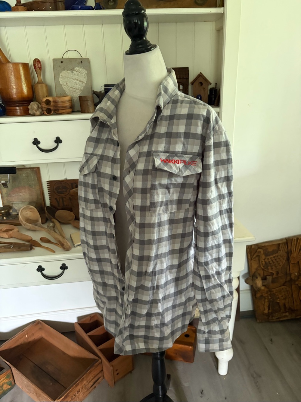 Helly Hanson Gray & White Plaid Button-Up Shirt with Chest Patch
